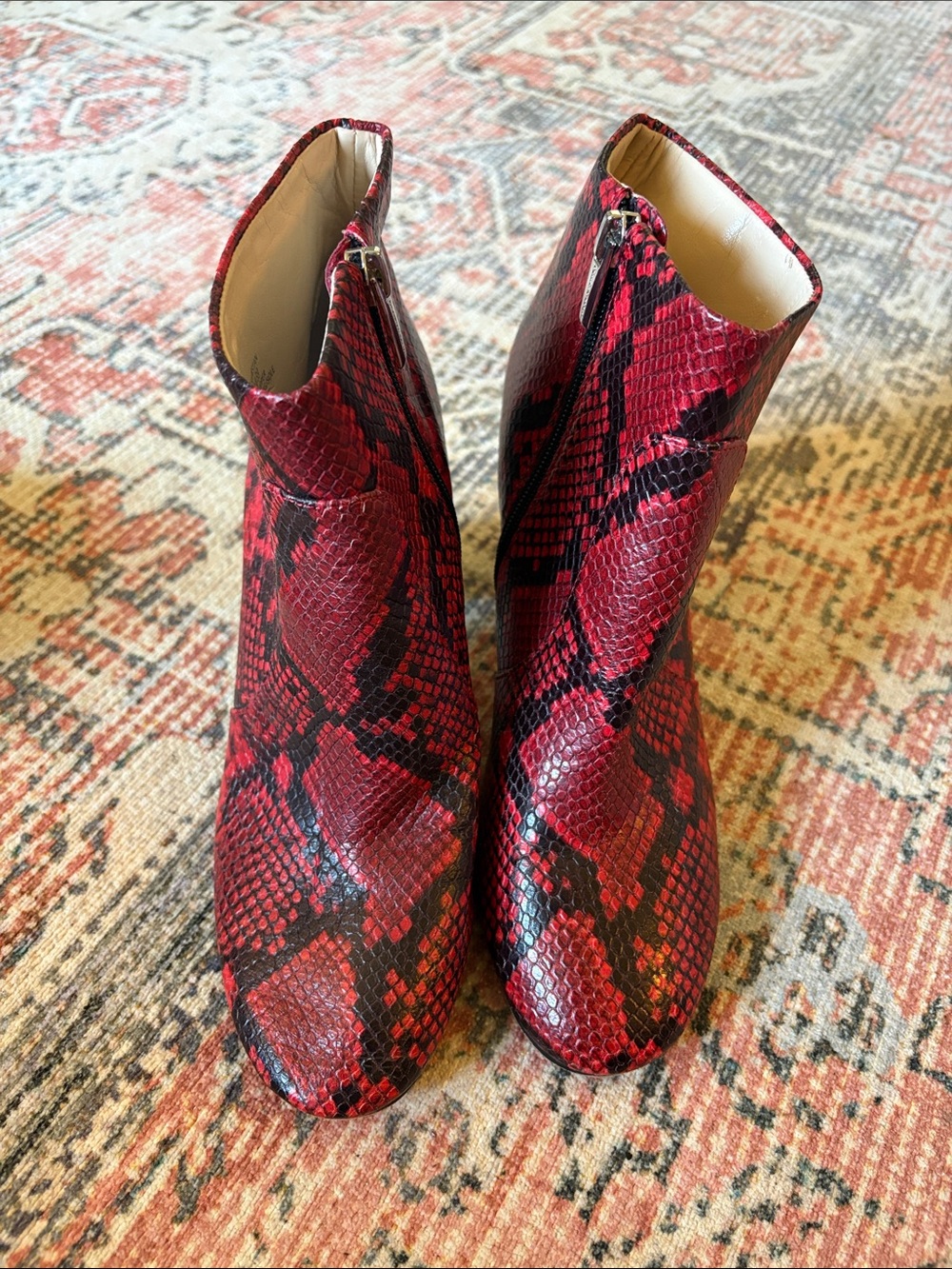 Vince Camuto Red and Black Snake-Print Ankle Booties